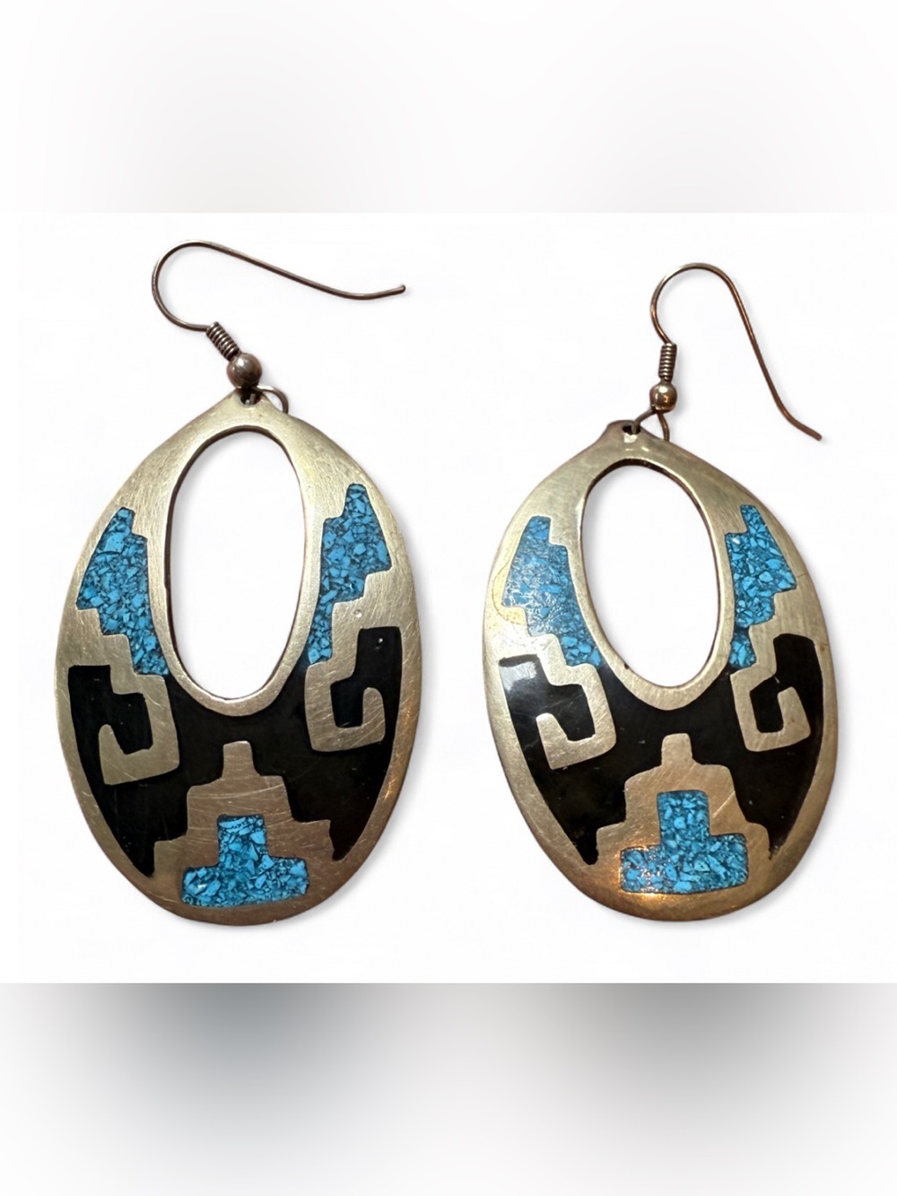 Vintage Alpaca Mexico Geometric Turquoise Black French Hook Earrings Silver 2.5”